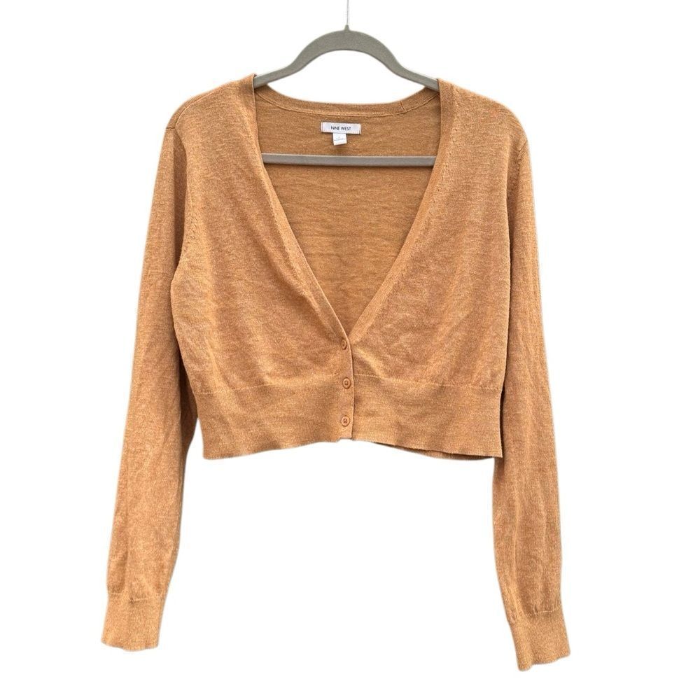 Nine West Women's V-Neck Cropped Cardigan in Rustic Tan Size Large - Picture 3 of 7